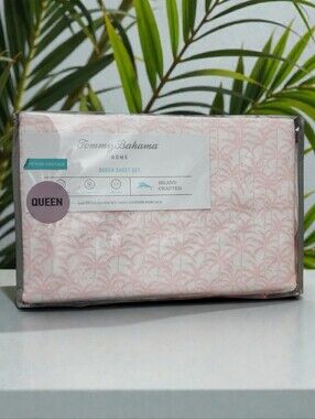 Tommy Bahama  Floral 4 Pc Pink White Queen Sheet Set 200 TC Lovely Palms Trees